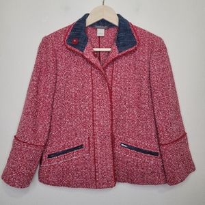 Sigrid Olson Red Tweed Wool Blend Blazer with Denim Collar, Size 8